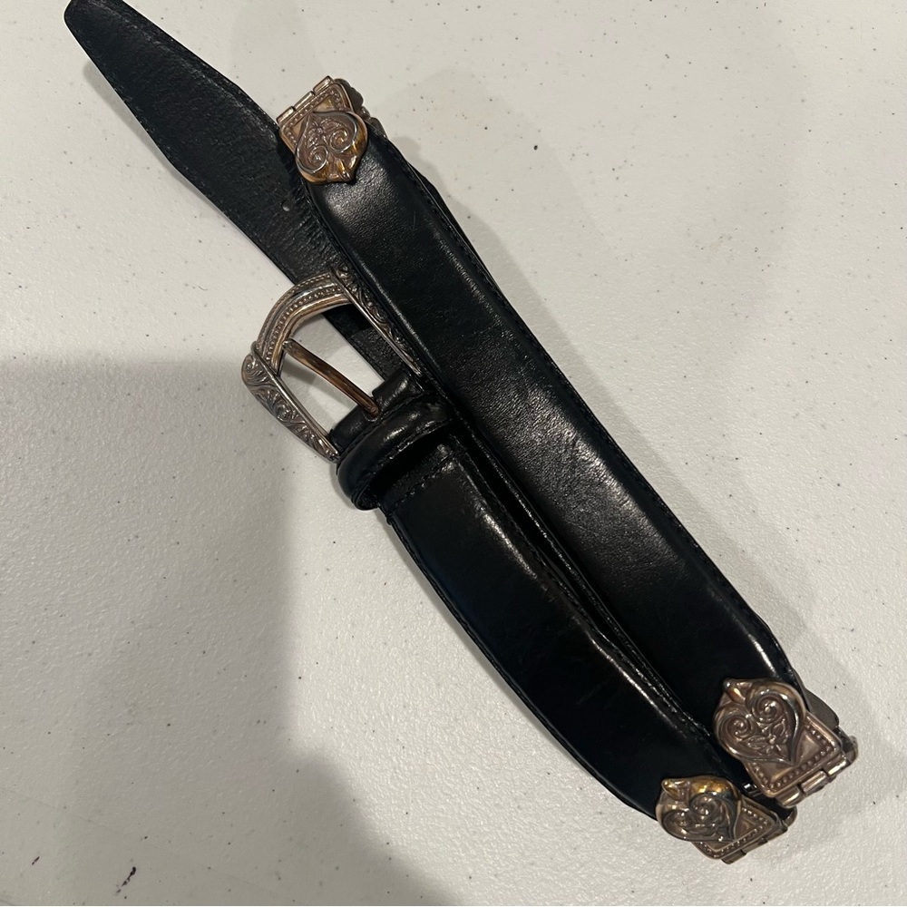 Fossil Belt Women Sz M Black Genuine Leather Silver Tone Ornate Metalwork